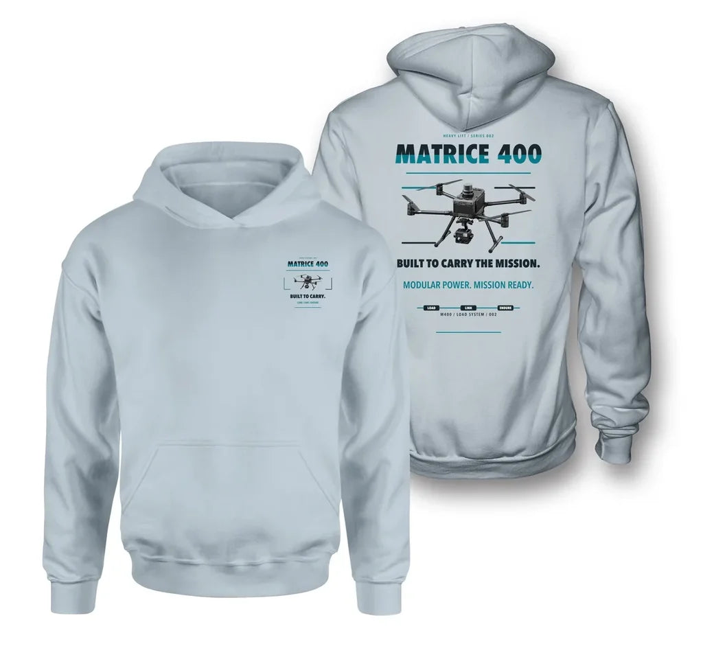 DJI Matrice 400 design on light blue hoodie