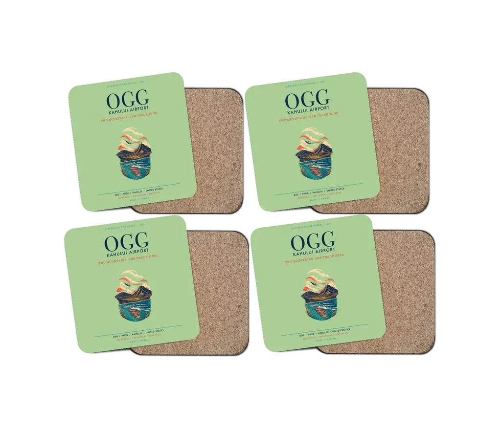 Kahului Airport (OGG) design on light green 4 pieces set coaster