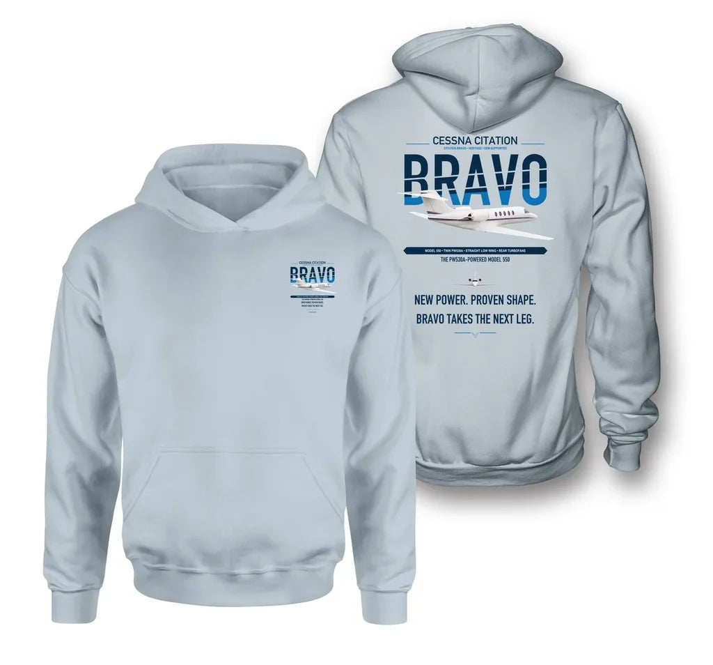Cessna Citation Bravo design on light blue double-side hoodie, double-side print