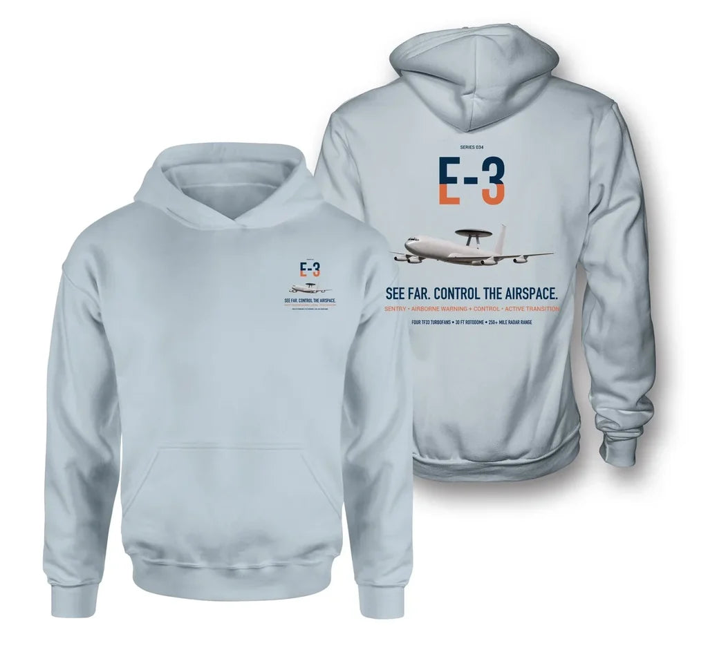 E-3 Sentry AWACS design on light blue double-side hoodie, double-side print
