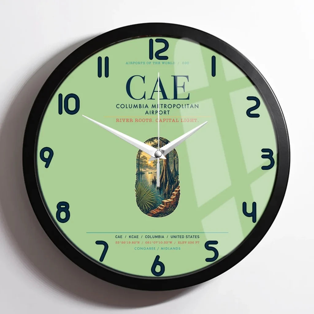 Columbia Metropolitan Airport (CAE) design on light green framed wall clock