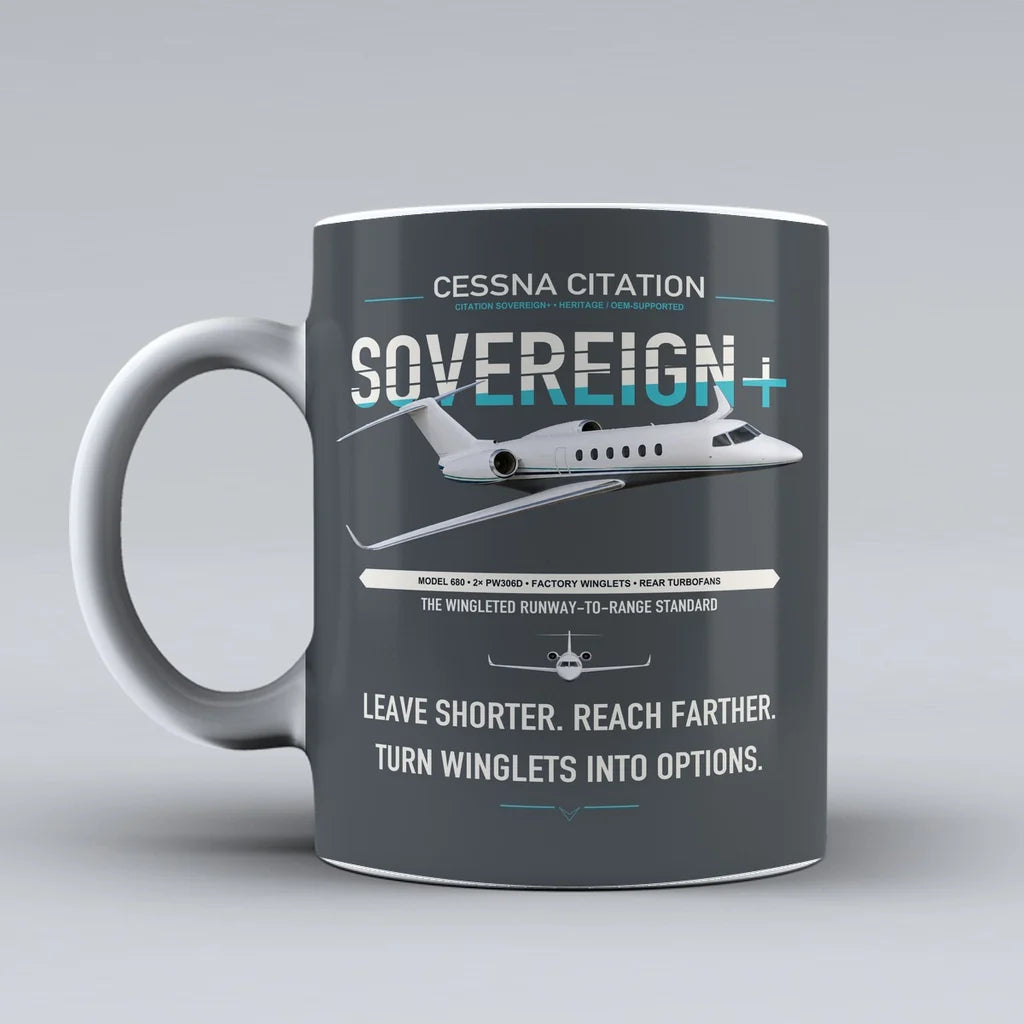 Cessna Citation Sovereign+ design on gray ceramic mug, double-side print