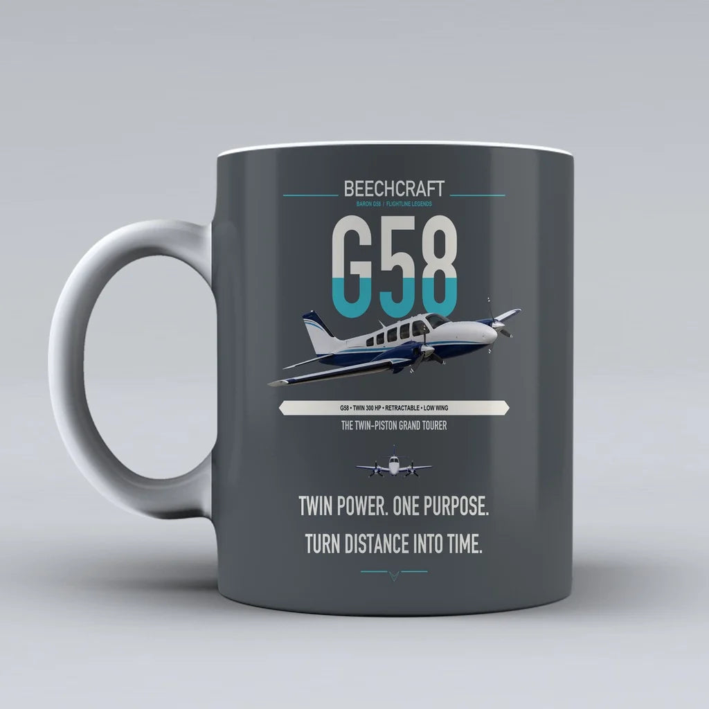 Beechcraft Baron G58 design on gray ceramic mug, double-side print