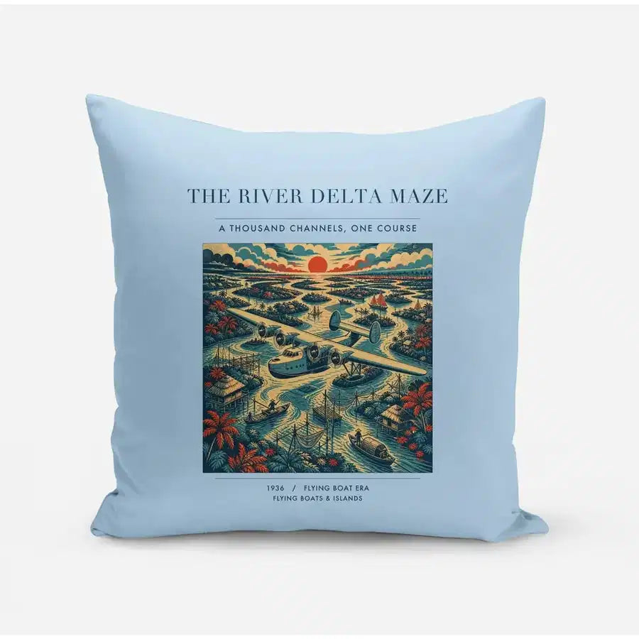 VINTAGE G4274 - The River Delta Maze - Designed Pillows design on lightblue