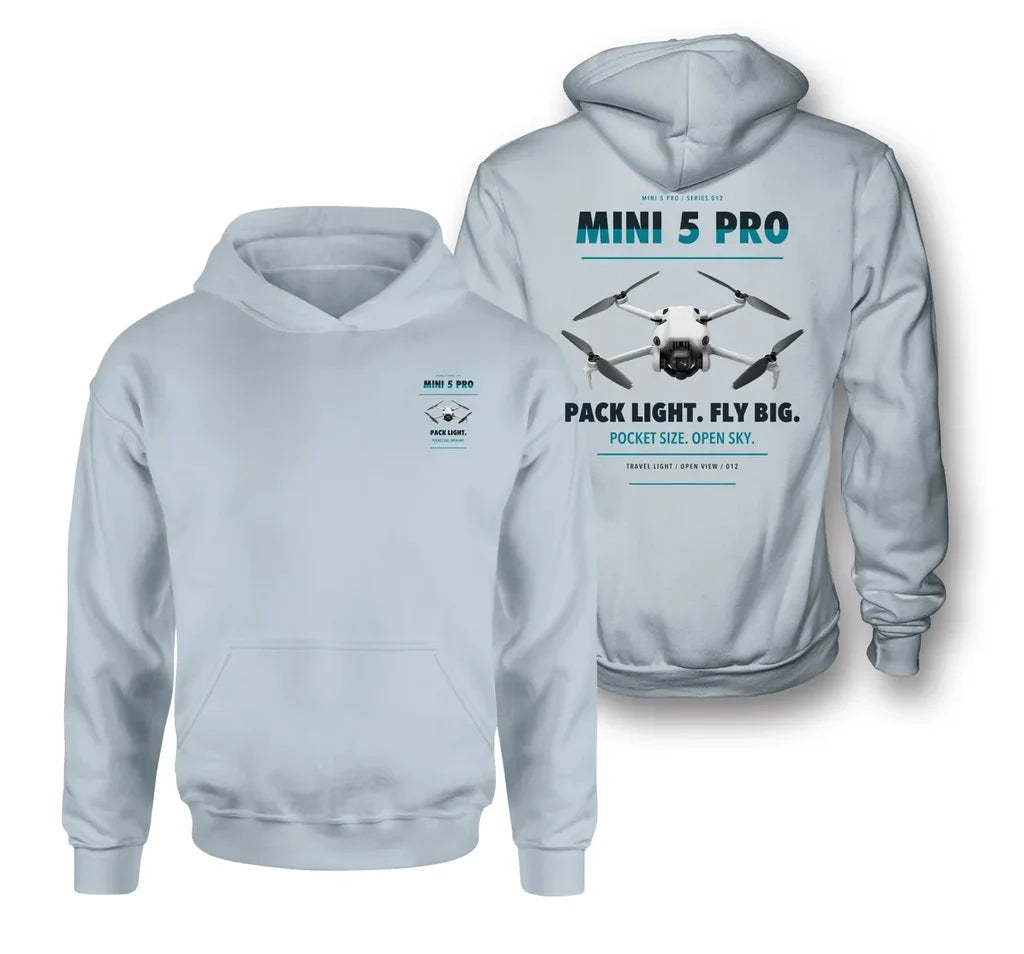 DJI Mini 5 Pro design on light blue hoodie