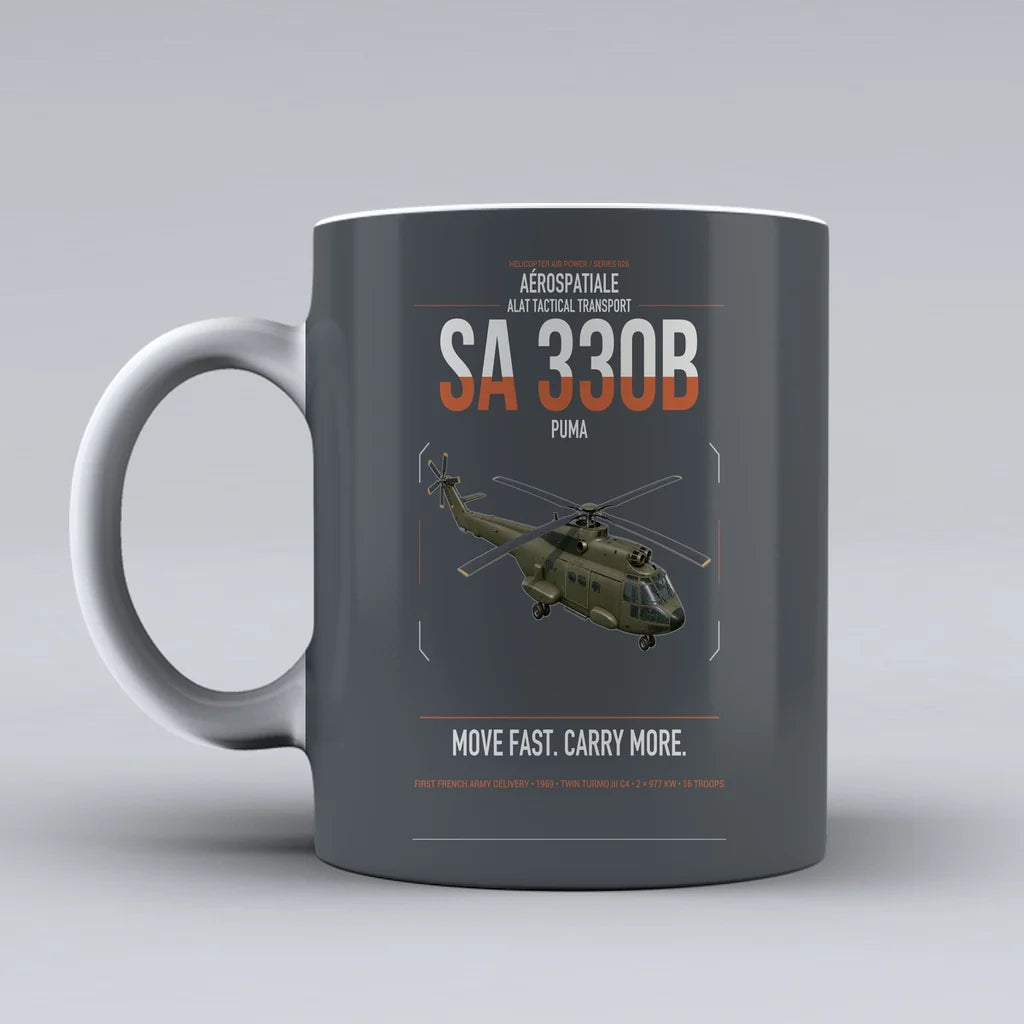 Aérospatiale SA 330B Puma design on gray ceramic mug, double-side print