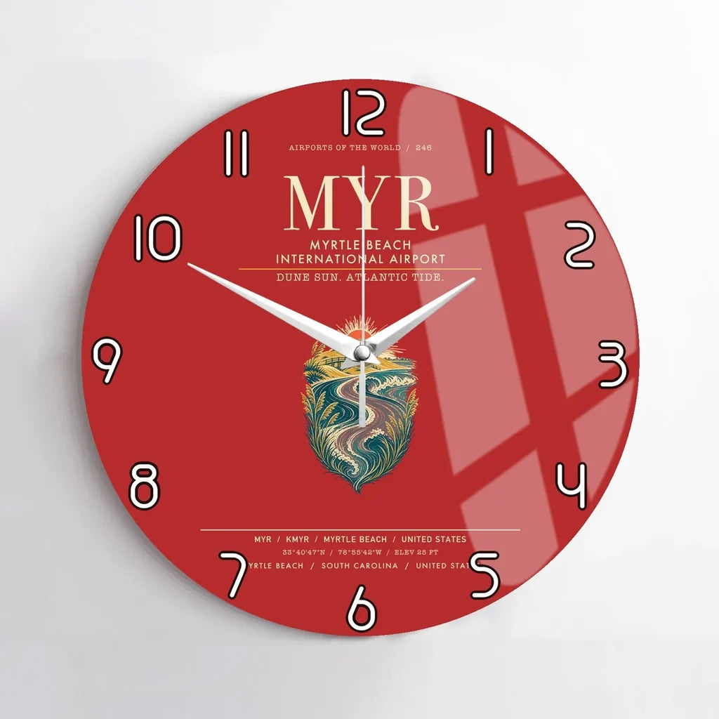 Myrtle Beach International Airport (MYR) design on red no frame wall clock