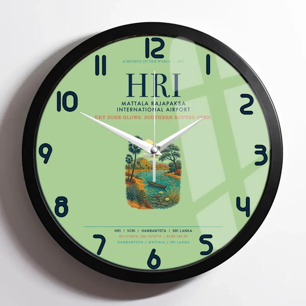 Mattala Rajapaksa International Airport (HRI) design on light green framed wall clock