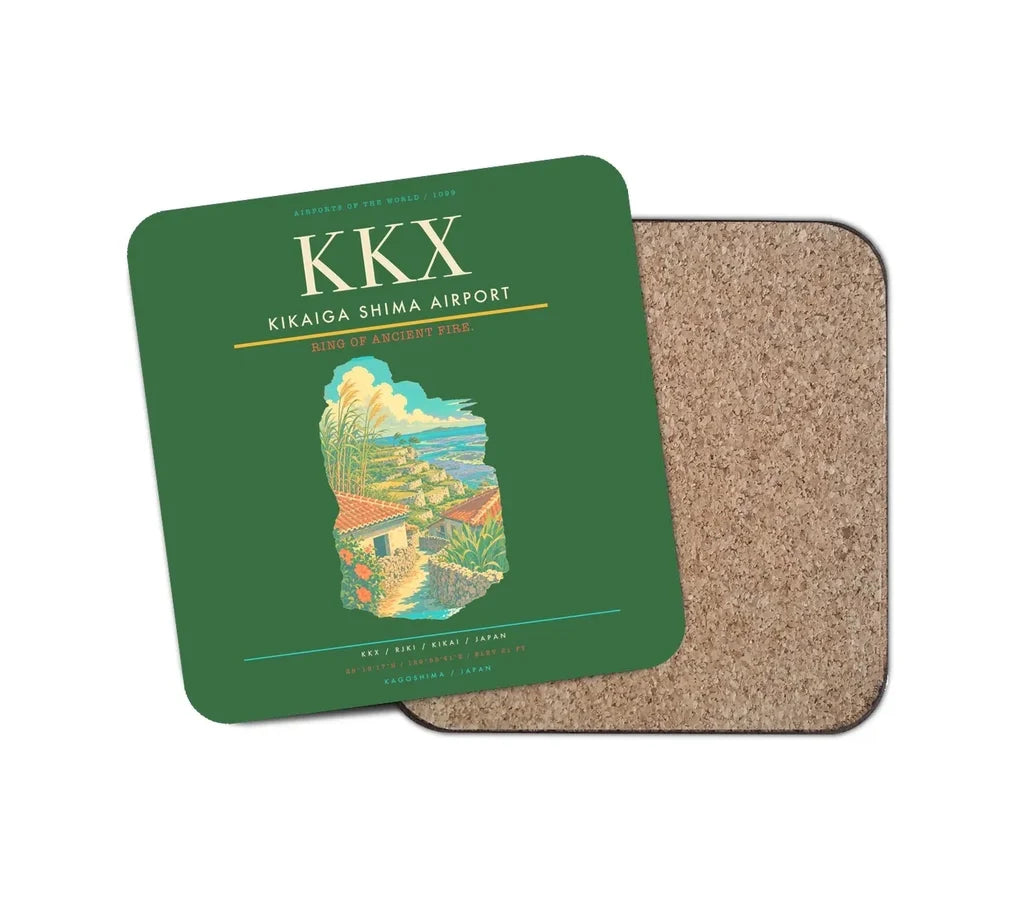 Kikaiga Shima Airport (KKX) design on green 1 piece coaster