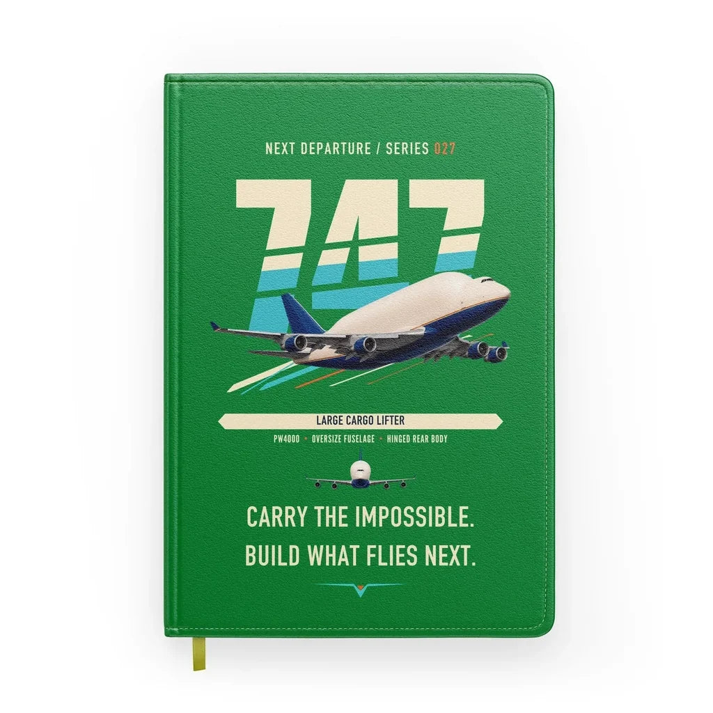 Boeing 747-400 Dreamlifter design on green notebook