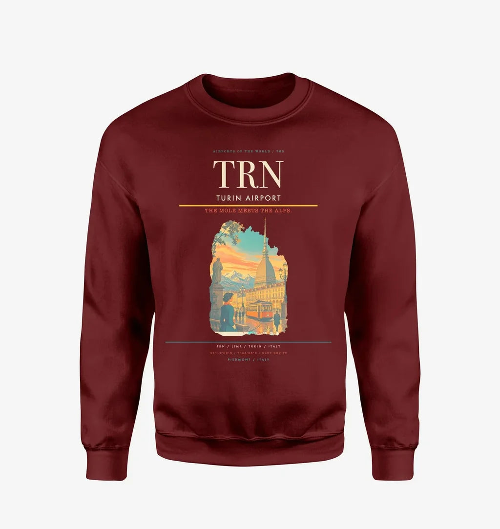 Turin Airport (TRN) design on wine red sweatshirt