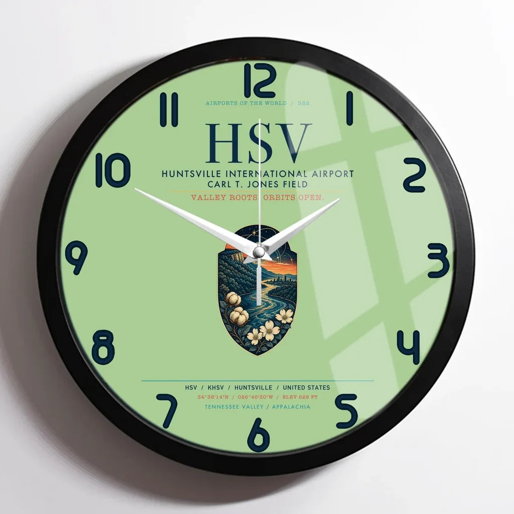 Huntsville International Airport (HSV) design on light green framed wall clock