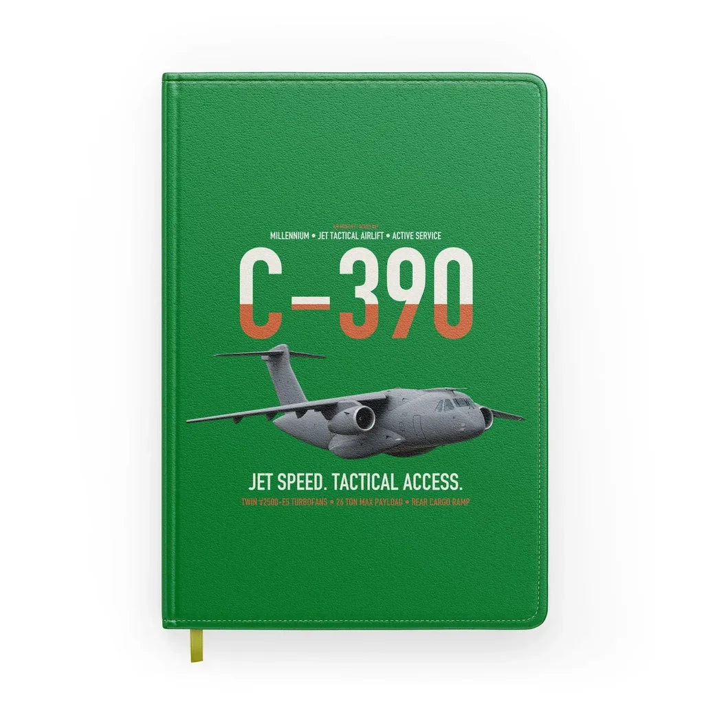 C-390 Millennium design on green notebook