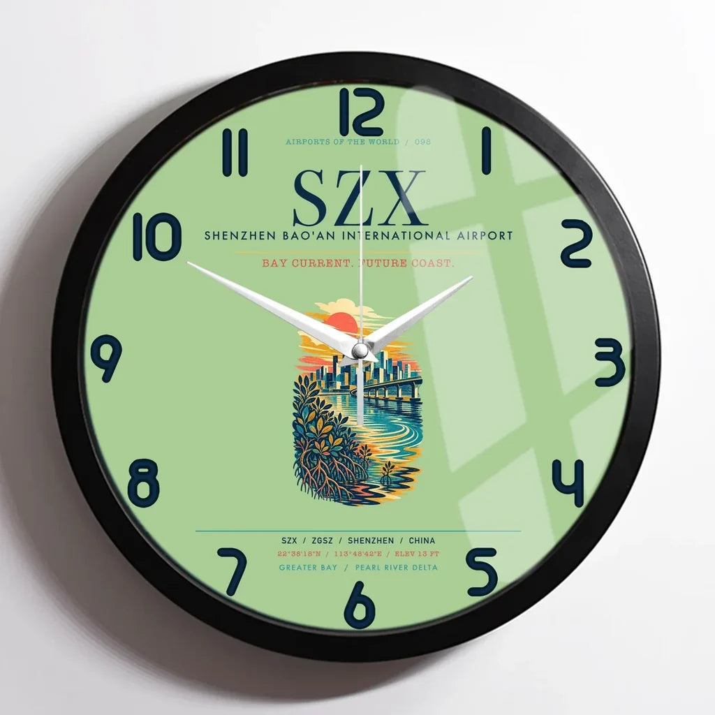 Shenzhen Bao'an International Airport (SZX) design on light green framed wall clock