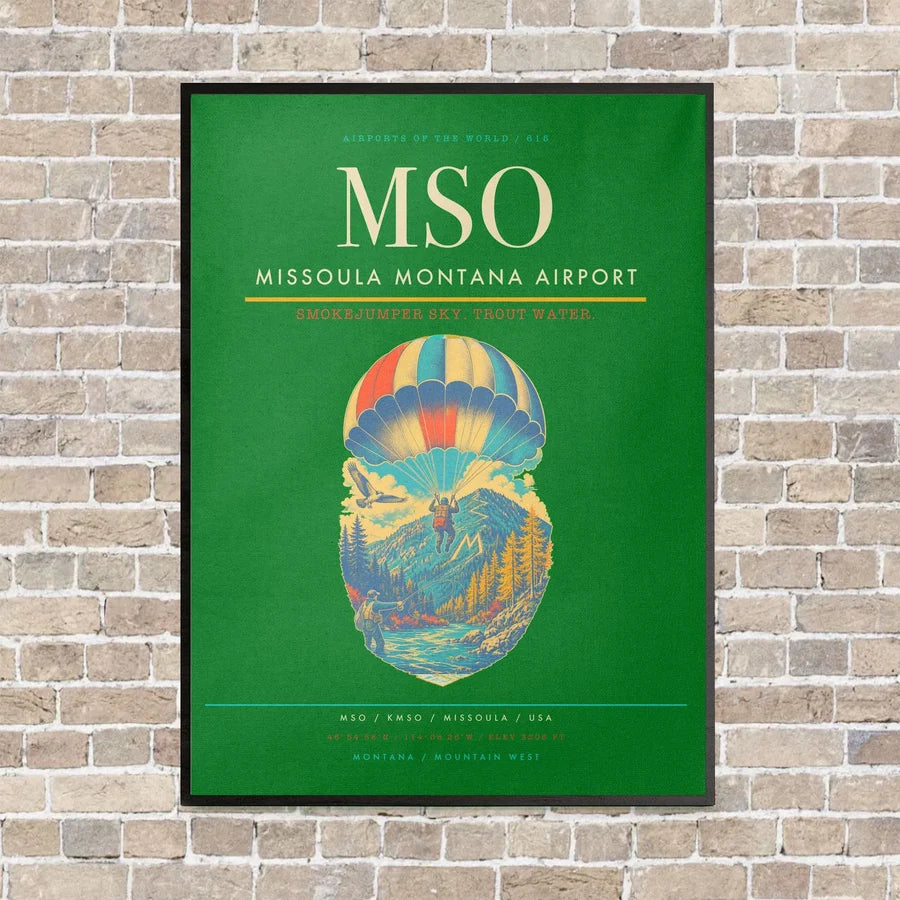 Missoula Montana Airport MSO vertical canvas print - framed - green background