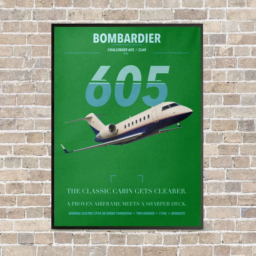 Bombardier Challenger 605 vertical canvas print - framed - green background