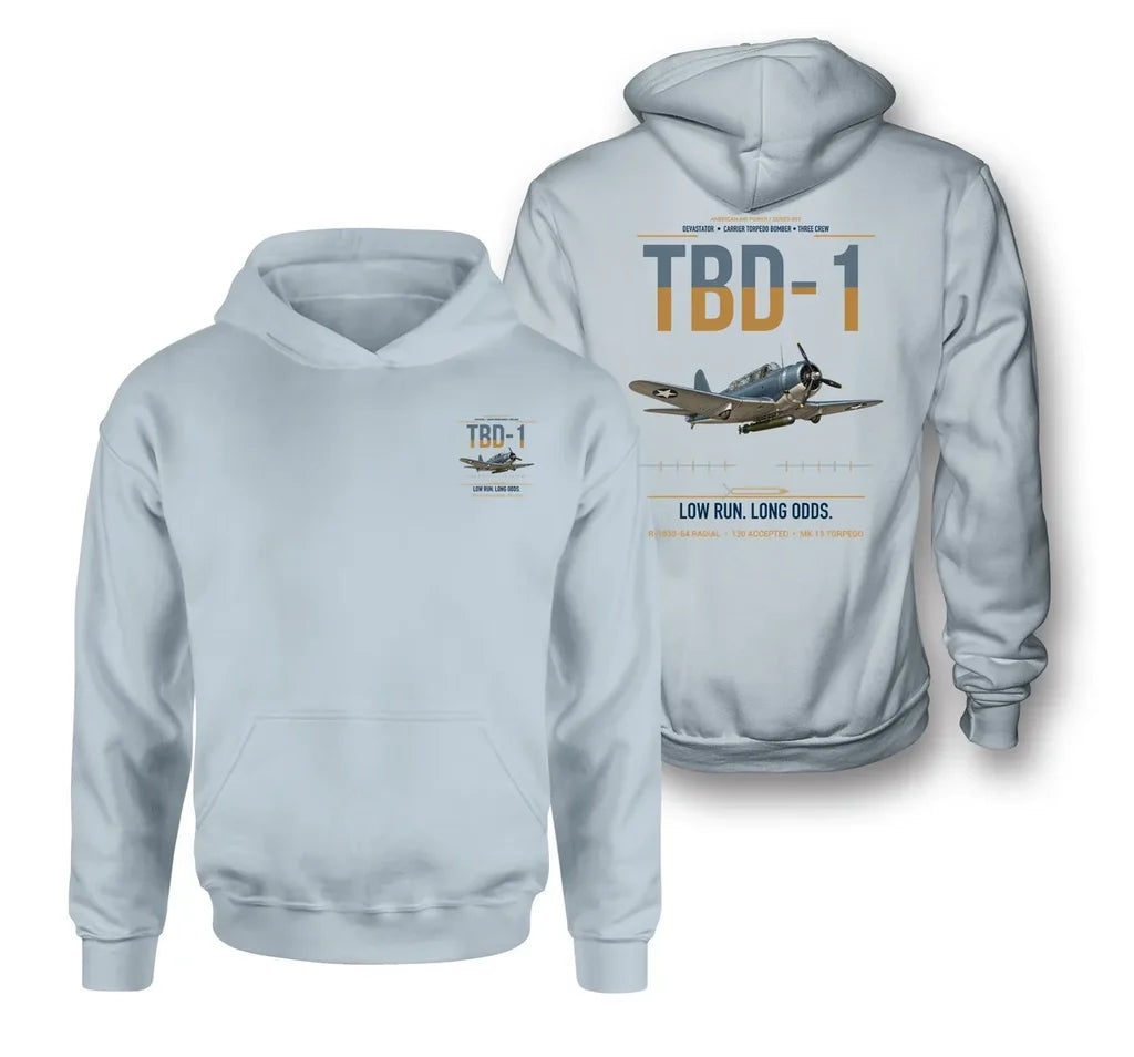 TBD-1 Devastator design on light blue double-side hoodie, double-side print