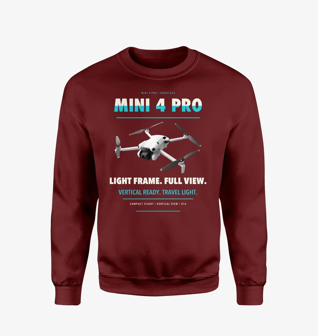 DJI Mini 4 Pro design on wine red sweatshirt