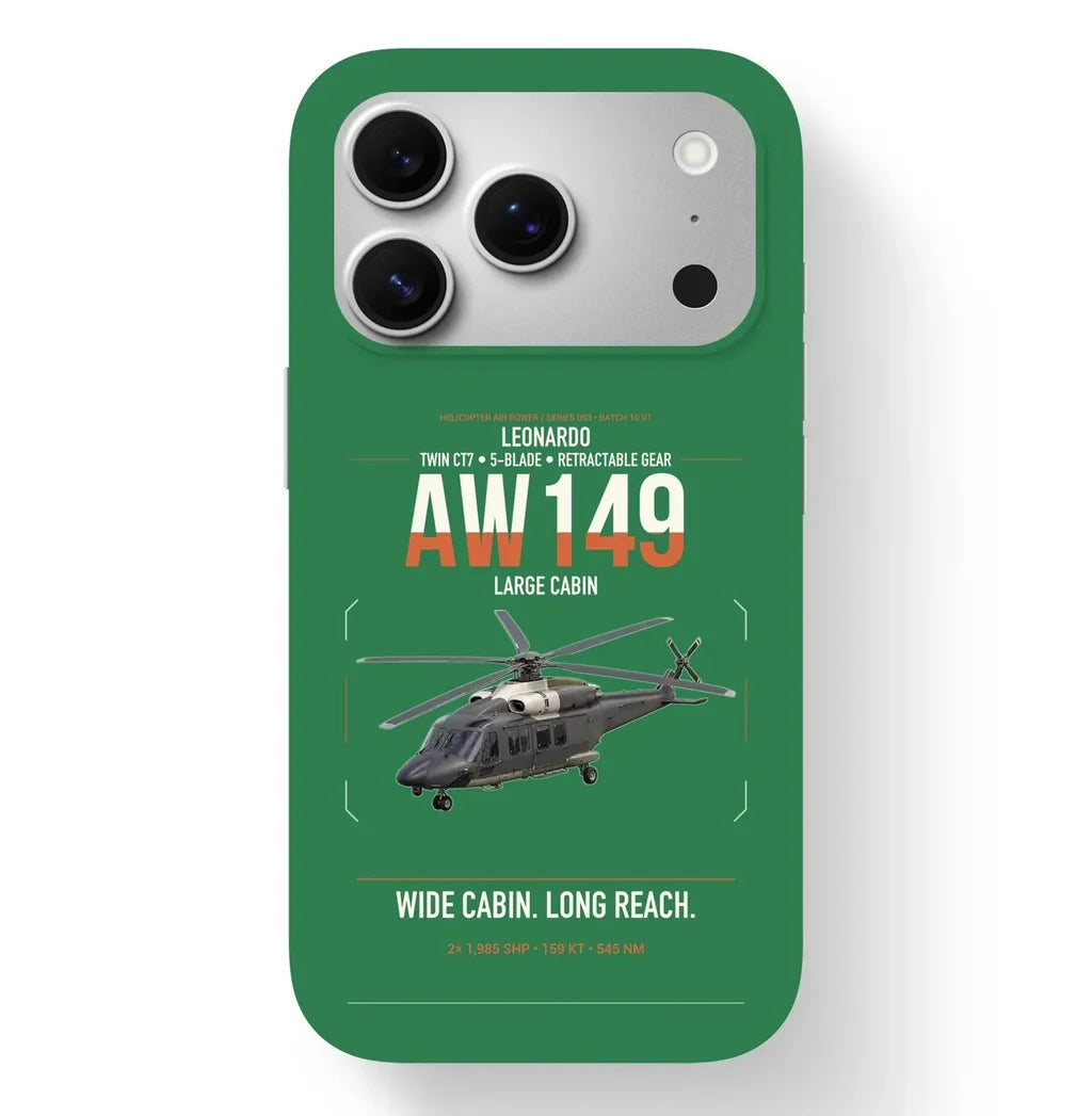 Leonardo AW149 design on green magsafe iphone case, for iPhone 17 Pro