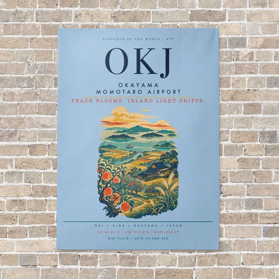 Okayama Momotaro Airport OKJ vertical canvas print - no frame - light blue background