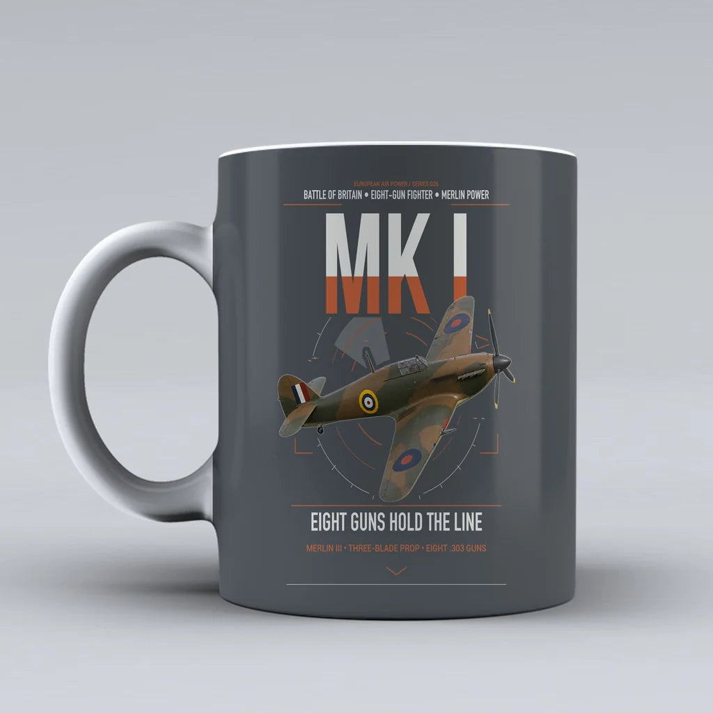 Hawker Hurricane Mk I design on gray ceramic mug, double-side print