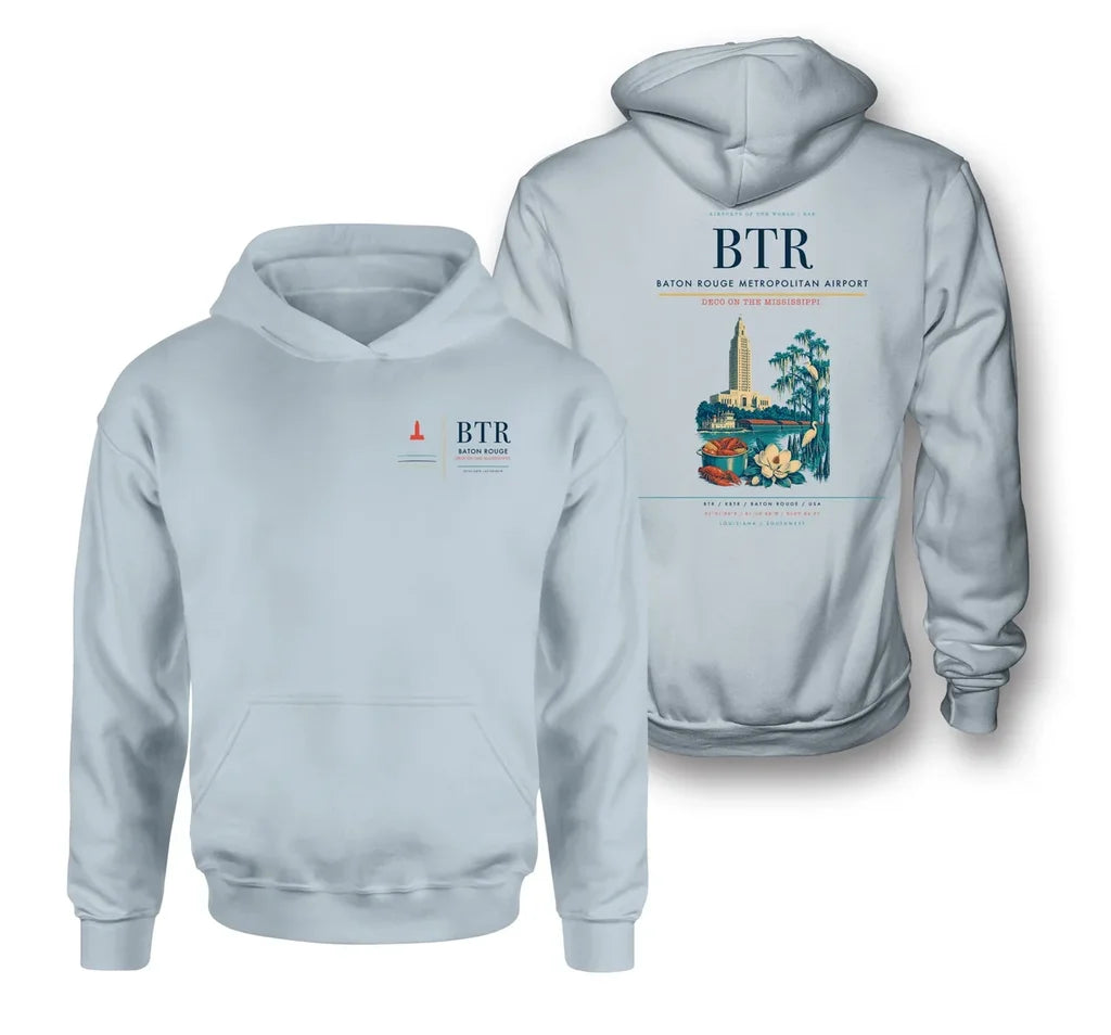 Baton Rouge Metropolitan Airport (BTR) design on light blue double-side hoodie
