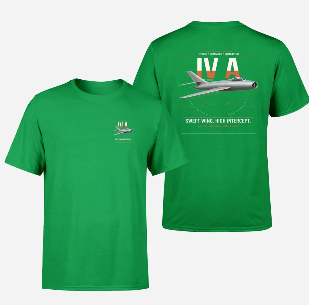 Dassault Mystère IV A design on green t-shirt, double-side print