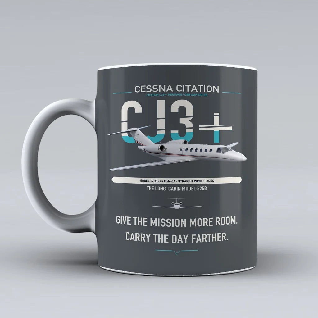 Cessna Citation CJ3+ design on gray ceramic mug, double-side print