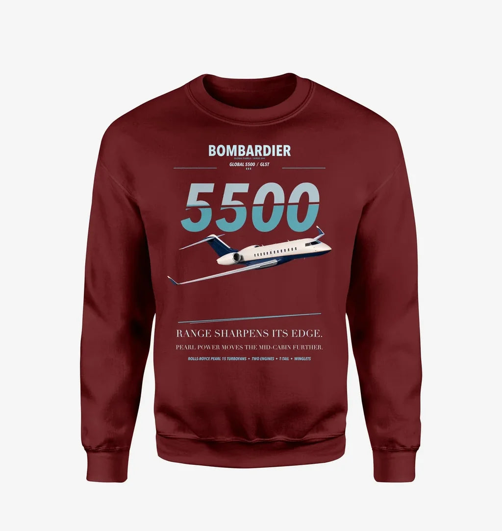 Bombardier Global 5500 design on wine red sweatshirt