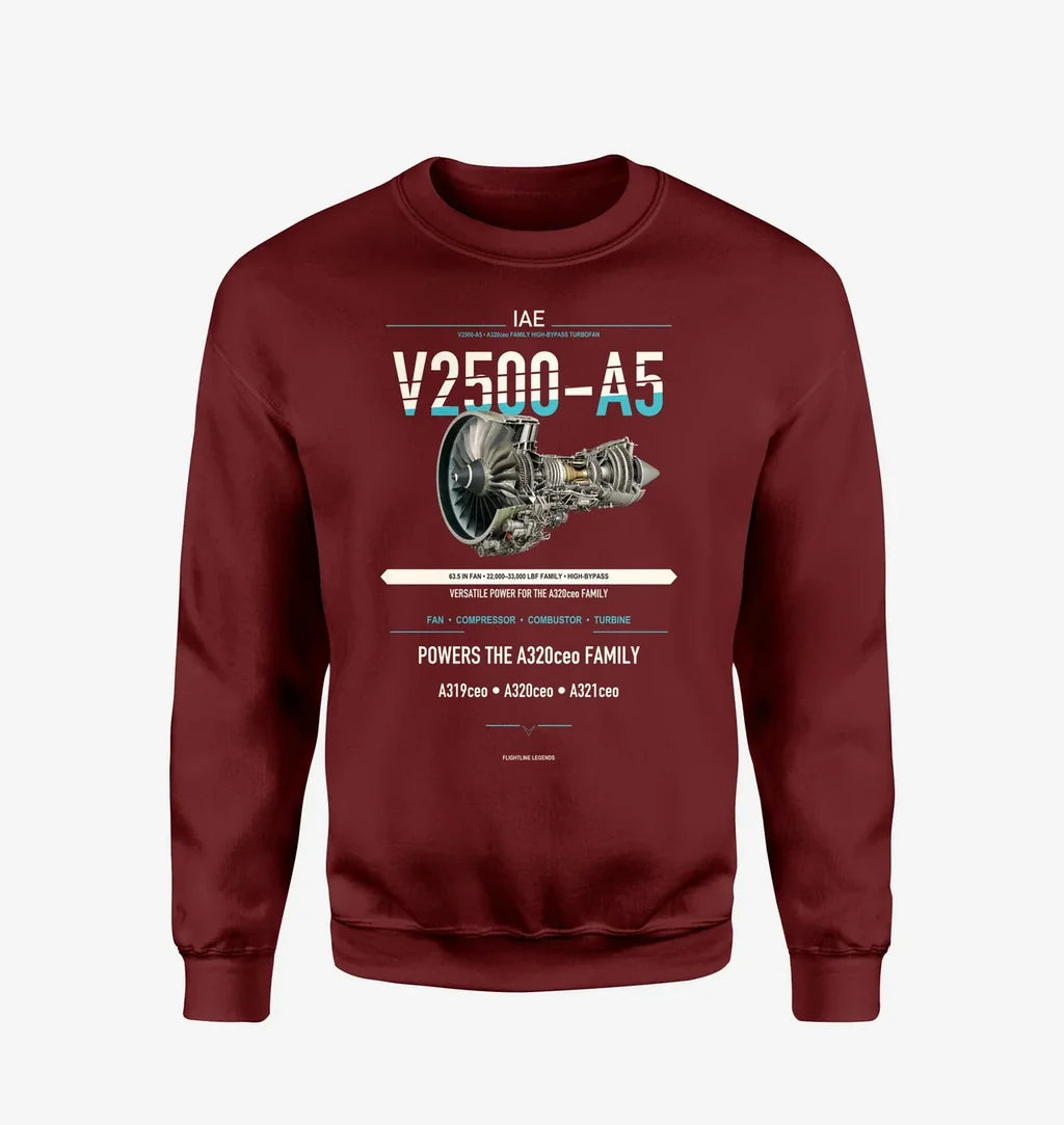V2500-A5 design on wine red sweatshirt