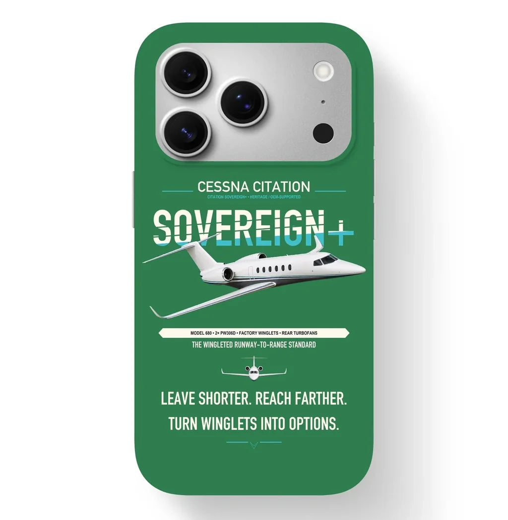 Cessna Citation Sovereign+ design on green magsafe iphone case, for iPhone 17 Pro
