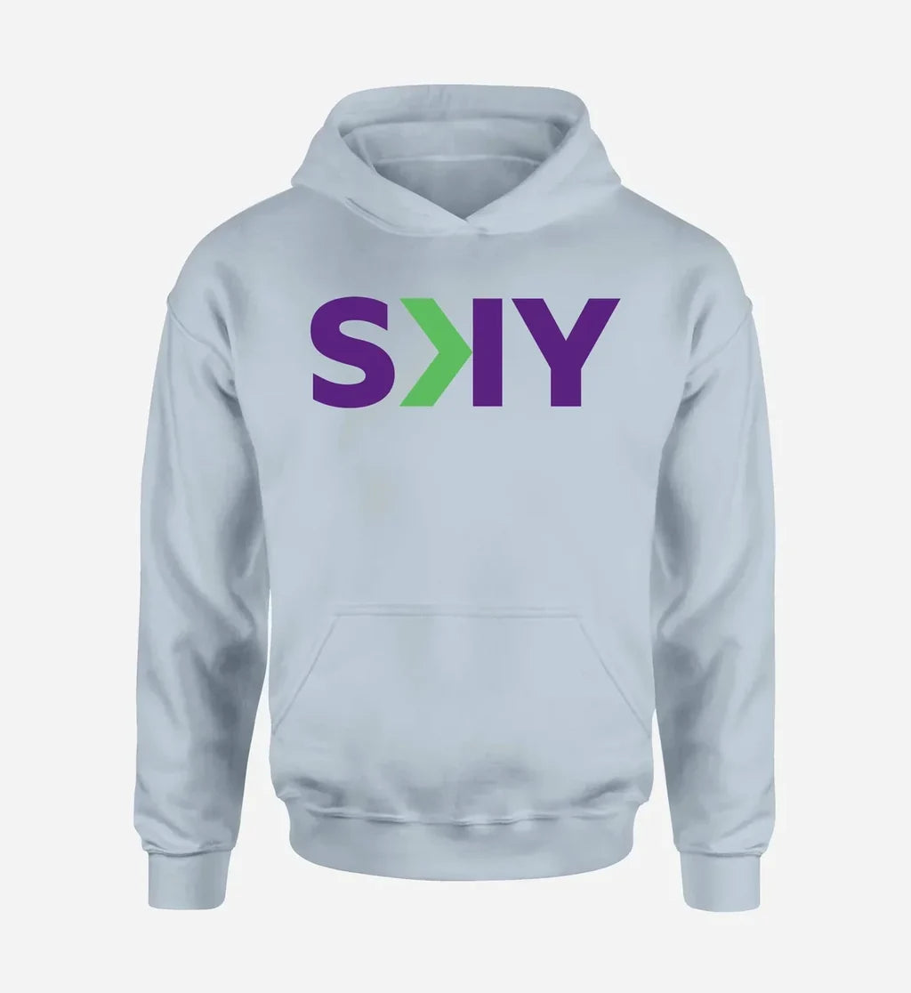SKY Airline logo printed on light blue hoodie