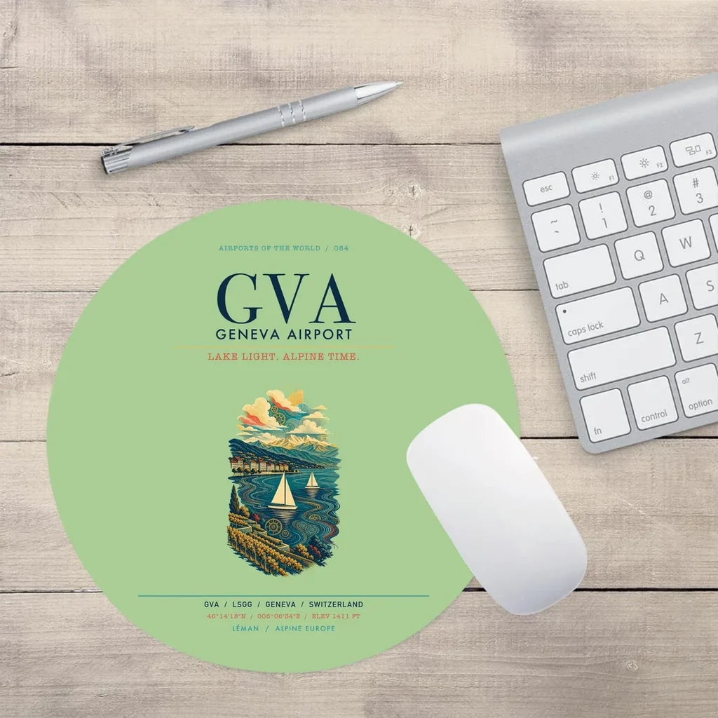 Geneva Airport (GVA) design on light green round mouse pad