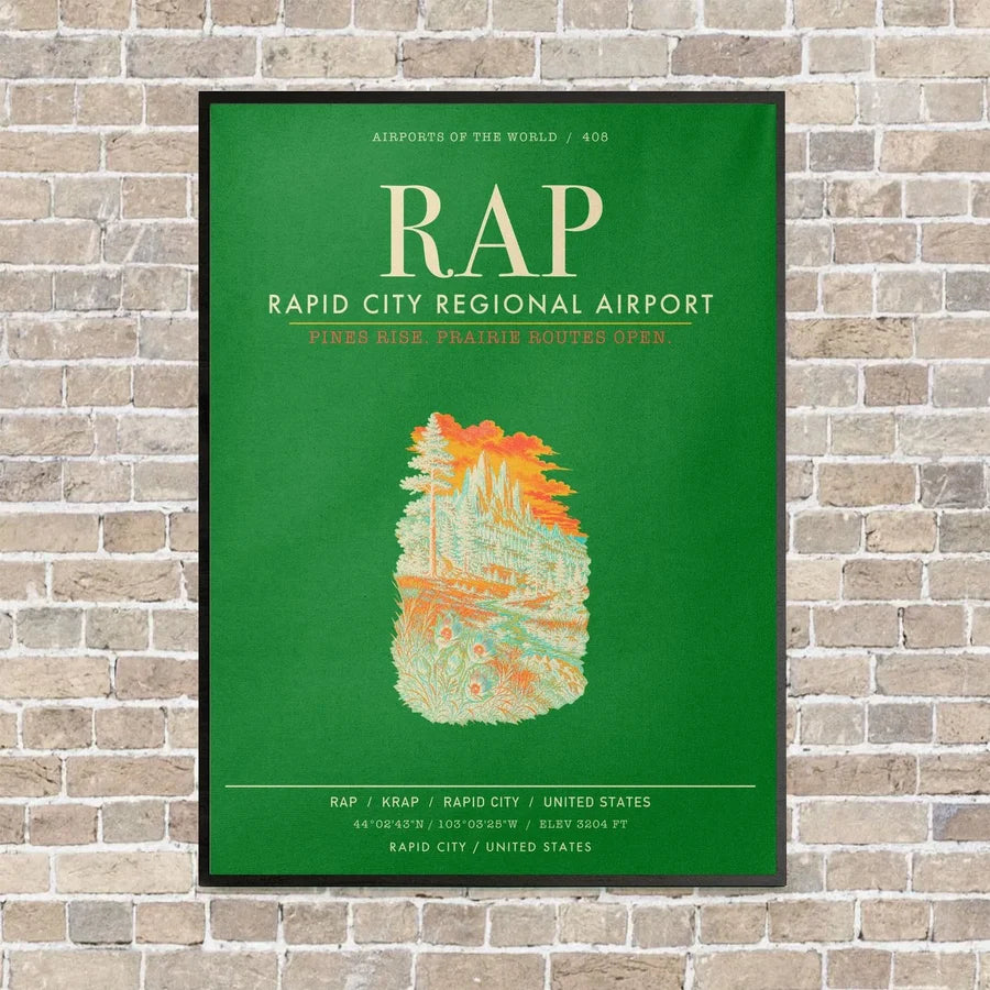 Rapid City Regional Airport RAP vertical canvas print - framed - green background