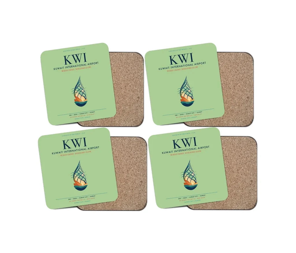 Kuwait International Airport (KWI) design on light green 4 pieces set coaster