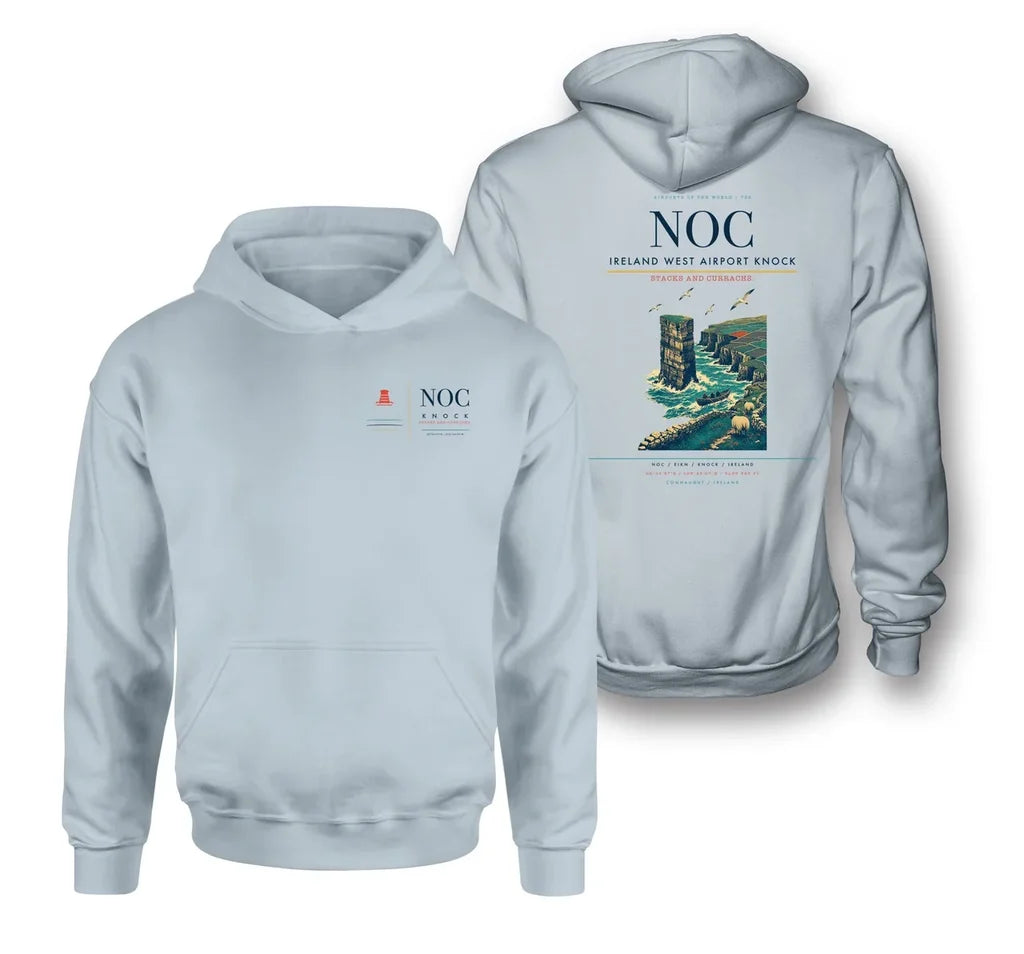 Ireland West Airport Knock (NOC) design on light blue double-side hoodie