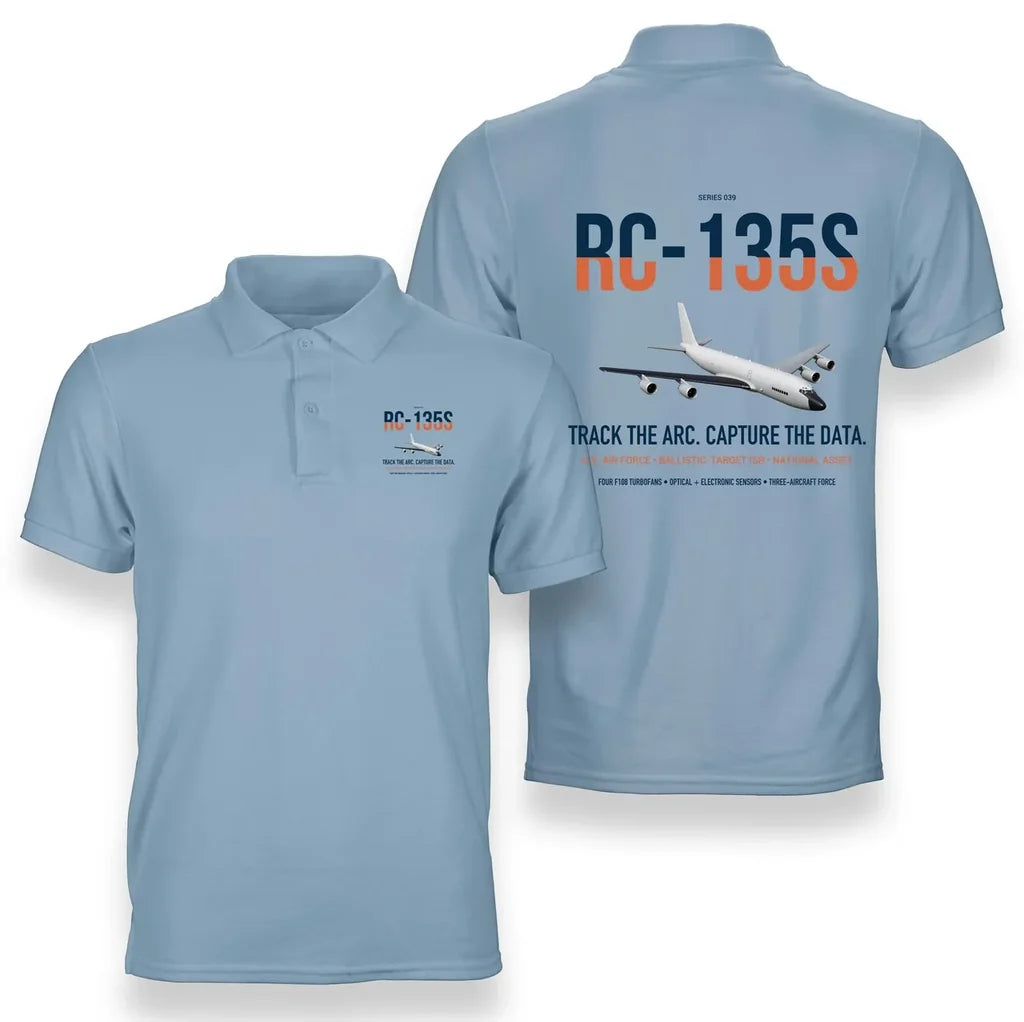 RC-135S Cobra Ball design on light blue double-side polo t-shirt, double-side print