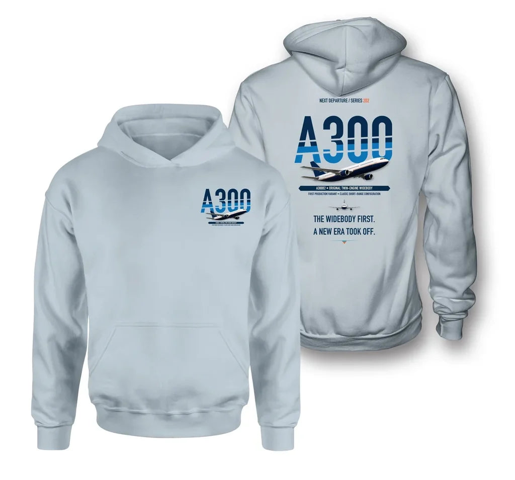 Airbus A300B2 design on light blue hoodie