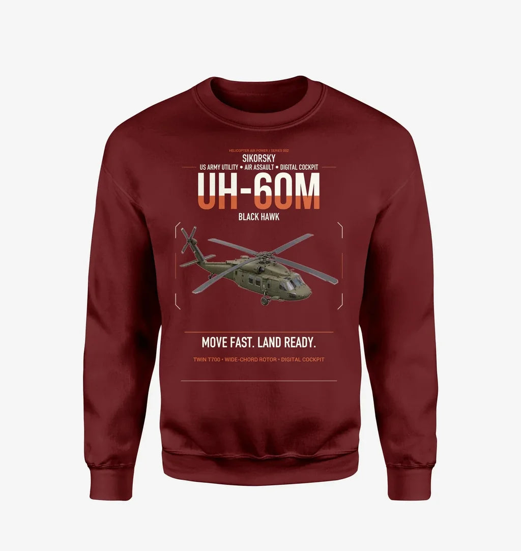 Sikorsky UH-60M Black Hawk design on wine red sweatshirt