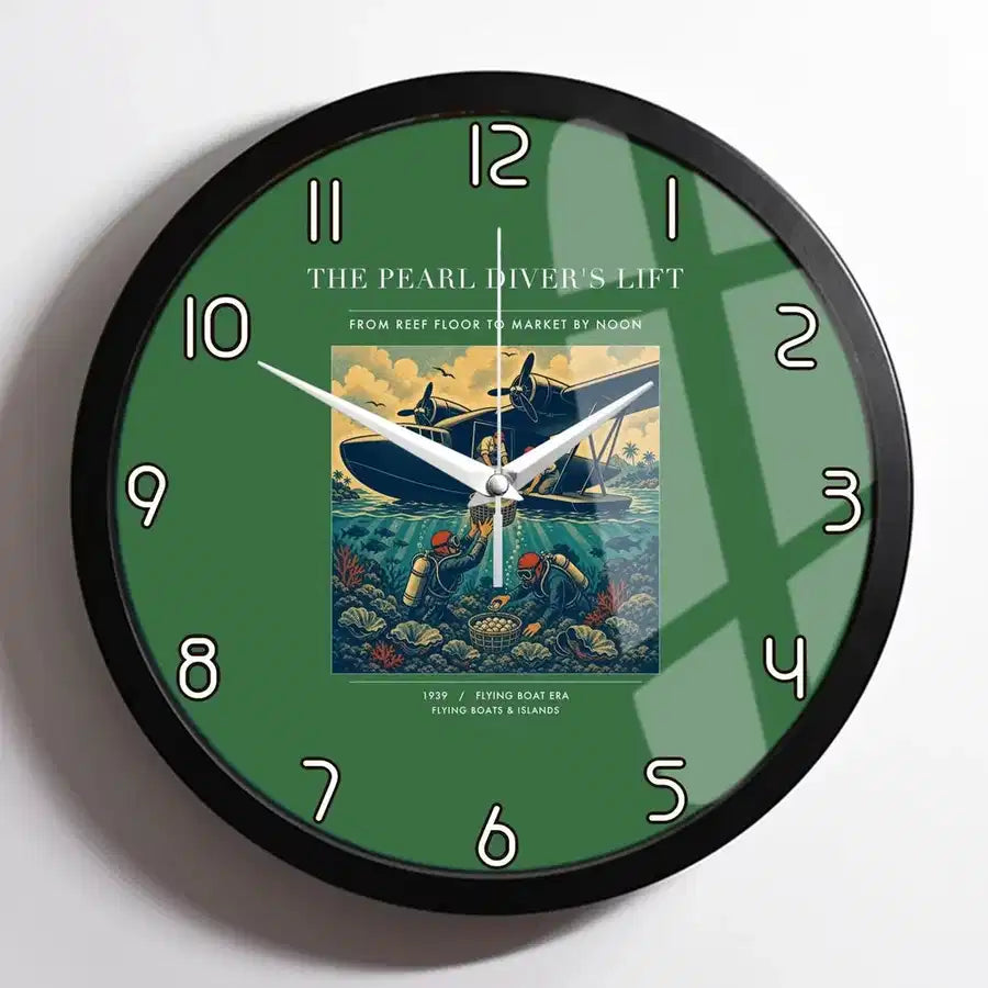 VINTAGE G4271 - The Pearl Diver's Lift - Designed Wall Clocks design on green framed