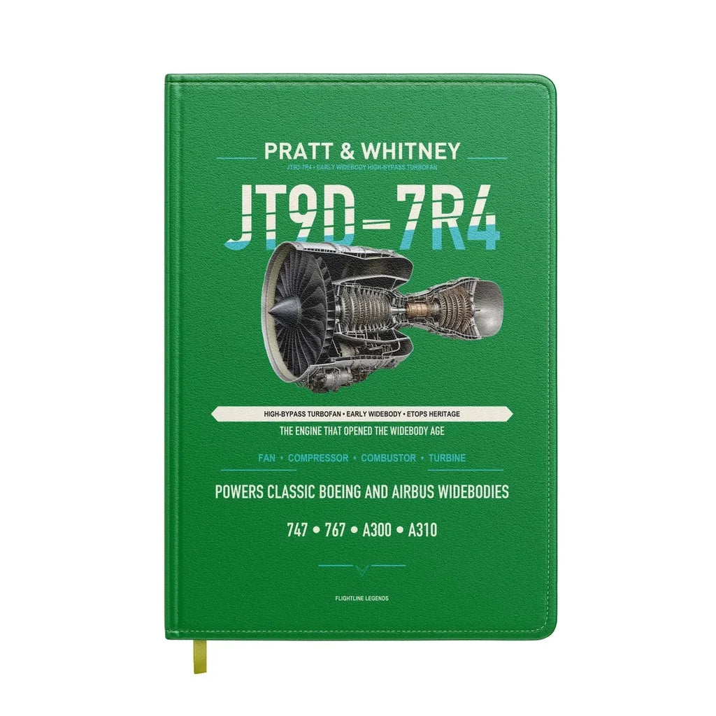 JT9D-7R4 design on green notebook