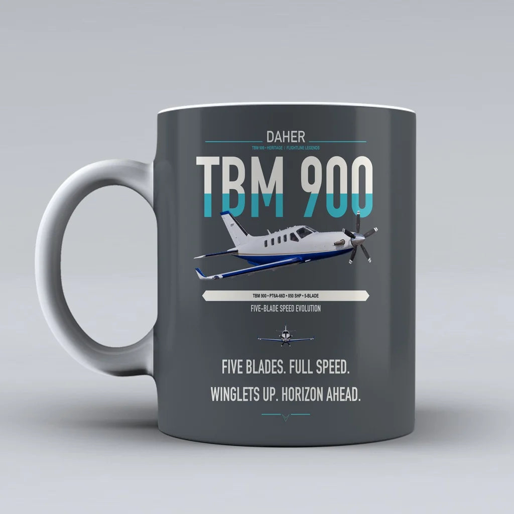 Daher TBM 900 design on gray ceramic mug, double-side print