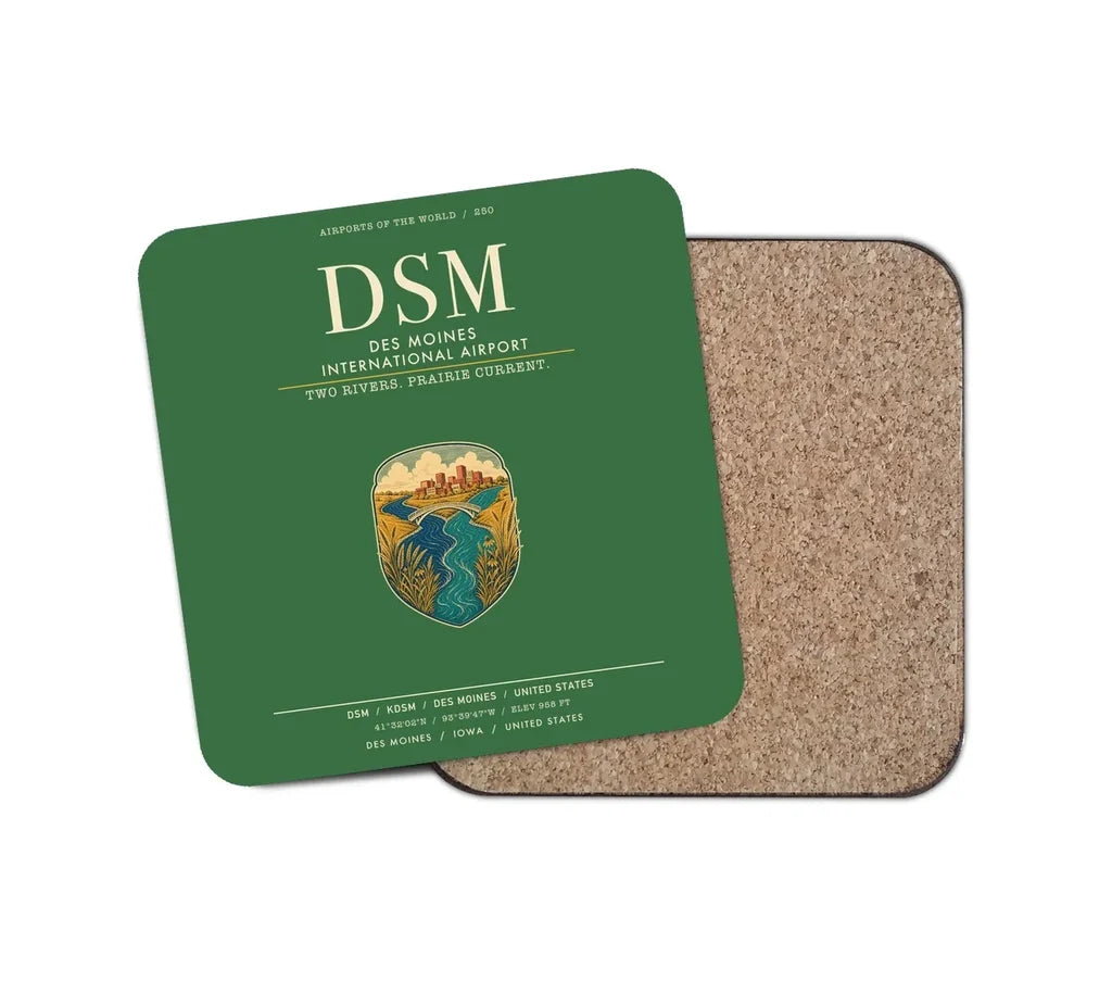 Des Moines International Airport (DSM) design on green 1 piece coaster