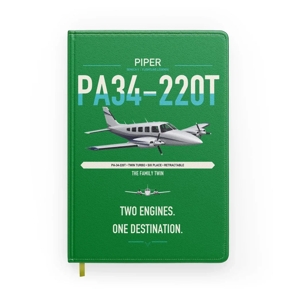 Piper PA-34-220T Seneca V design on green notebook