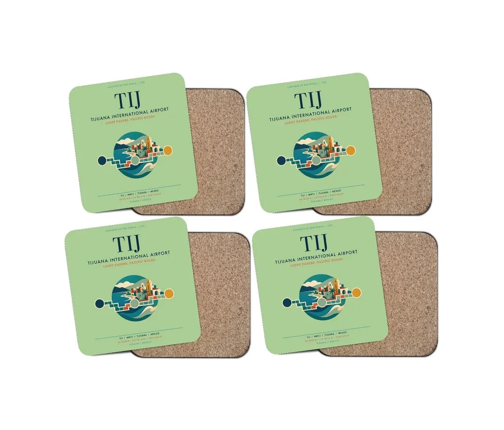 Tijuana International Airport (TIJ) design on light green 4 pieces set coaster