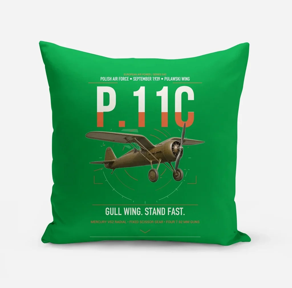 PZL P.11c design on green pillow