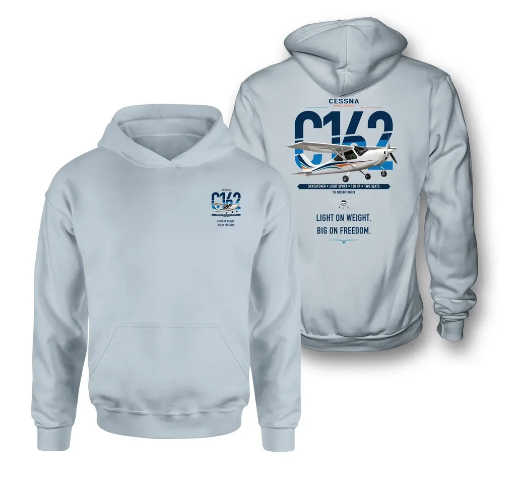 Cessna 162 Skycatcher design on light blue double-side hoodie, double-side print