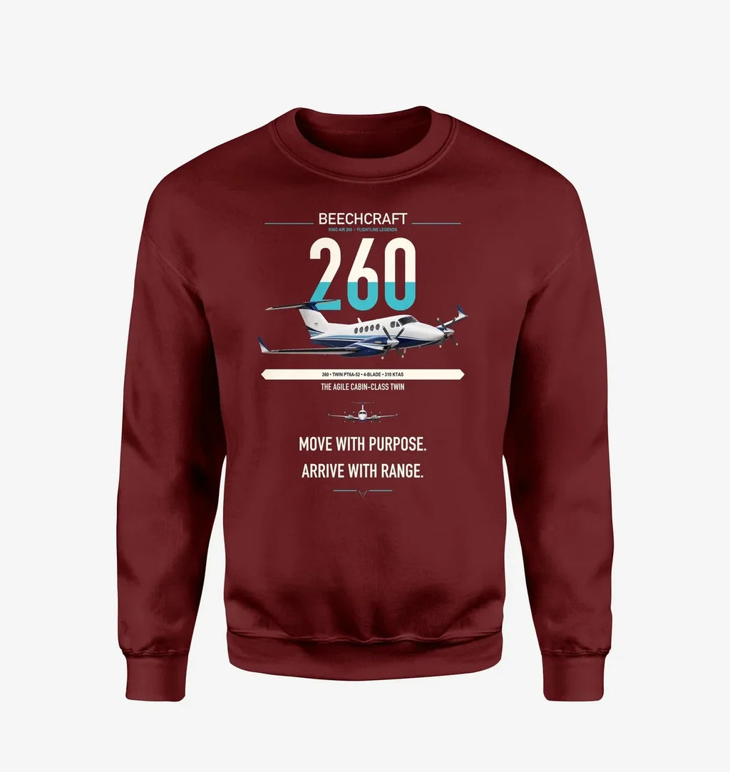 Beechcraft King Air 260 design on wine red sweatshirt