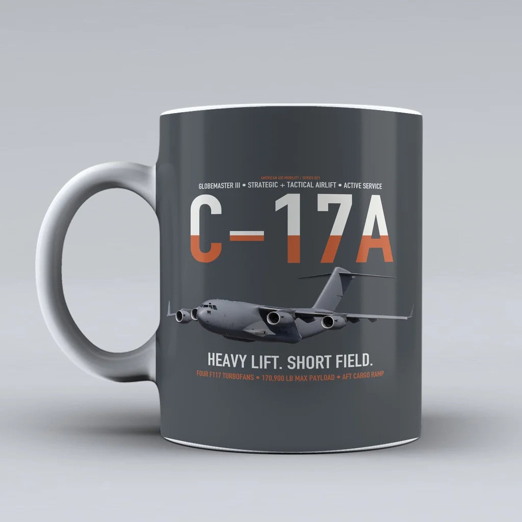 C-17A Globemaster III design on gray ceramic mug, double-side print