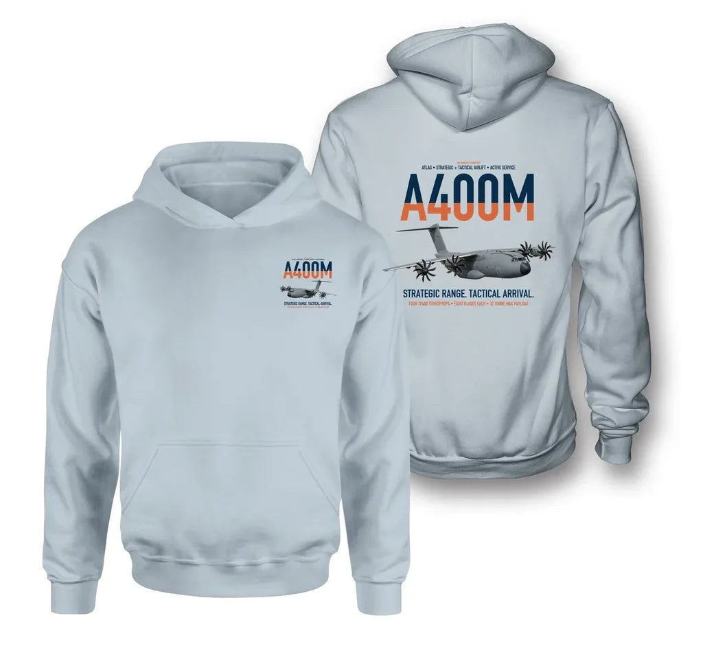 Airbus A400M Atlas design on light blue double-side hoodie, double-side print